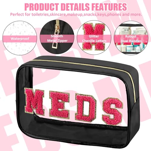 BuyCard 2 Pcs Medicine Chenille Letter Bag Preppy Clear Makeup Meds Pouch for Travel Nylon & PVC Transparent Cosmetic Bag Preppy Patch Toiletry Storage for Women Girls Black - color: MEDS-Black, style: 2 Pcs-clear