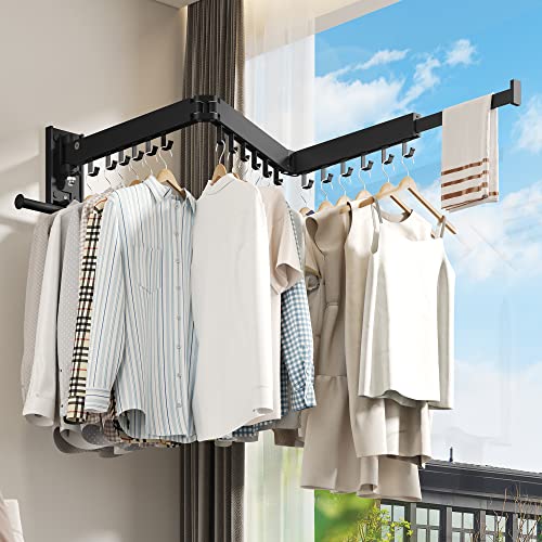 BOQORAD Drying Rack Clothing, Retractable Clothes Drying Rack,Wall Mounted Laundry Rack, Laundry Drying Rack Wall Mount,Collapsible Clothes Rack,can Fold Upward & Left & Right,Black Color - size: Plus-Black