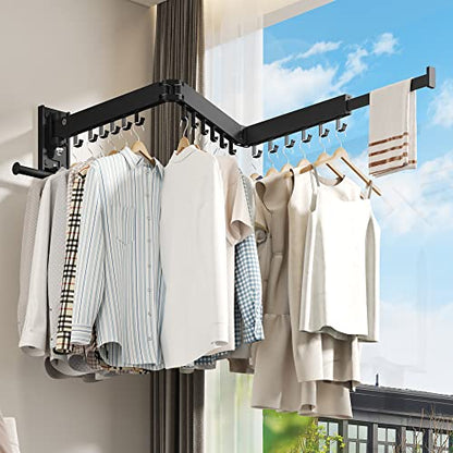 BOQORAD Drying Rack Clothing, Retractable Clothes Drying Rack,Wall Mounted Laundry Rack, Laundry Drying Rack Wall Mount,Collapsible Clothes Rack,can Fold Upward & Left & Right,Black Color - size: Plus-Black