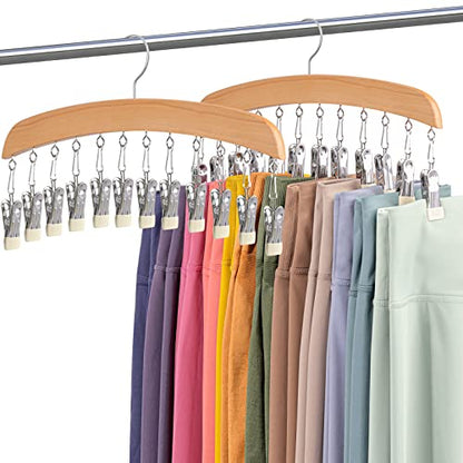 MEILIDY Leggings Hangers, Wooden Closet Hanging Leggings Storage Organizer Scarf Hangers with 24 Clips, 360° Swivel Hook, Burlywood, 2 Pcs - color: Burlywood