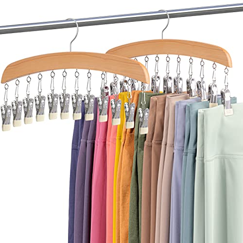 MEILIDY Leggings Hangers, Wooden Closet Hanging Leggings Storage Organizer Scarf Hangers with 24 Clips, 360° Swivel Hook, Burlywood, 2 Pcs - color: Burlywood