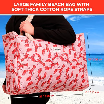 Beach Bag and Pool Bag Has Cooler Pocket, 7 Pockets Total, Zip Top. Family Size Waterproof Beach Tote - color: Lobsters
