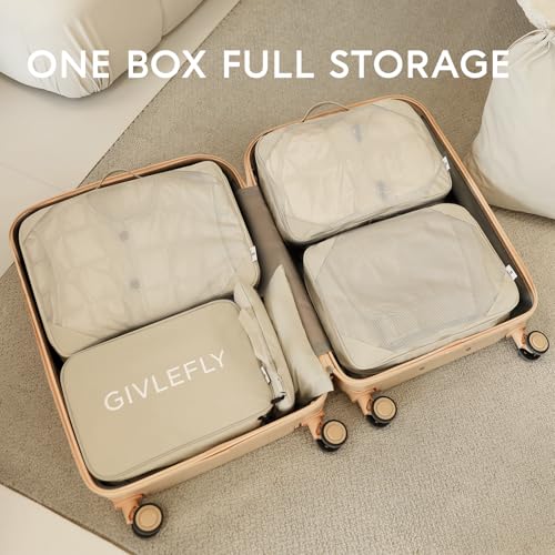 GIVLEFLY Compression Packing Cubes for Travel, 6-Piece Lightweight Luggage Organizer Bags, Space Saving Suitcase Packing Set for Women - color: Beige