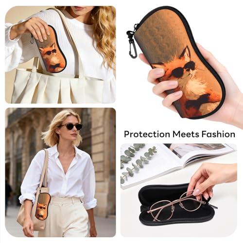 Sunglasses Case with Belt Clip, Ultra Light Neoprene Zipper Soft Padded Glasses Case for Women Men - color: Fun Fox