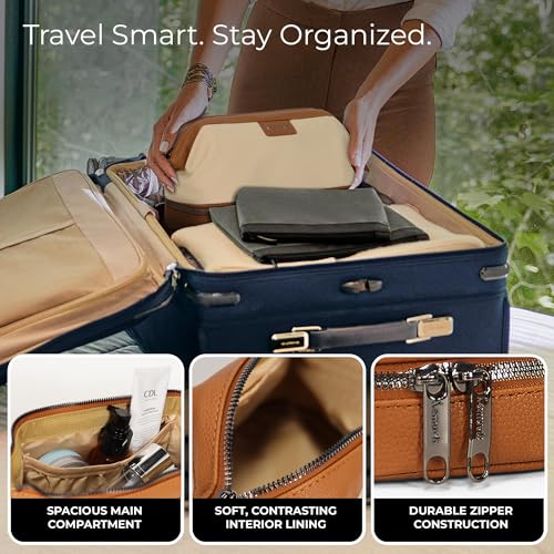 Double-Layer Toiletry Bag, Water-Resistant Hybrid Leather Cosmetic Organizer with Wet/Dry Compartments, 26x15x16cm (Cream, Double layer) - color: Cream
