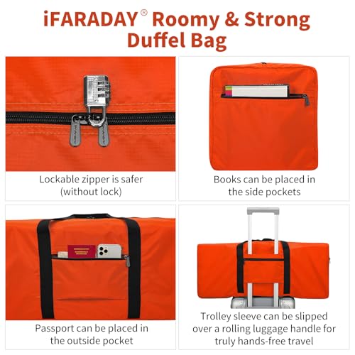 iFARADAY Foldable Duffle Bag for Travel - 75L Large Spare Travel Duffel Bag Lightweight with Trolley Sleeve - Orange - color: Orange-75L(with trolley sleeve)