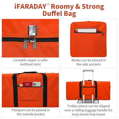 iFARADAY Foldable Duffle Bag for Travel - 75L Large Spare Travel Duffel Bag Lightweight with Trolley Sleeve - Orange - color: Orange-75L(with trolley sleeve)
