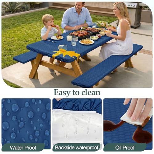 Picnic Table Cover with Bench Covers Camping Essentials Waterproof Windproof Camping Tablecloth with Drawstring Bag, Fitted Rectangle Tables and Seats, 60in, Deep Blue - color: Deep Blue, size: 60in