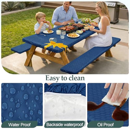 Picnic Table Cover with Bench Covers Camping Essentials Waterproof Windproof Camping Tablecloth with Drawstring Bag, Fitted Rectangle Tables and Seats, 60in, Deep Blue - color: Deep Blue, size: 60in