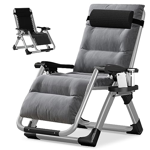 NAIZEA Padded Zero Gravity Chair, Folding Outdoor Lounge Chairs, Adjustable Reclining Camping Chairs with Cup Holder, Ergonomic Patio Lawn Chair for Balcony Beach Deck Yard - color: Linen Grey, style: Zero Gravity Chair