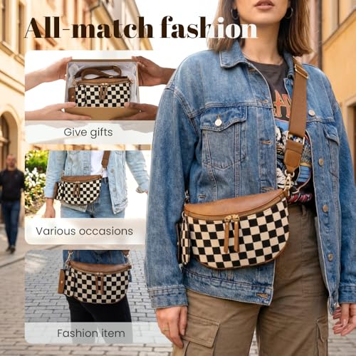 Checkered Crossbody Bag for Women Nylon Bum Bag Spacious Fanny Pack Adjustable Strap Lightweight Travel Everyday Purse Water Resistant Handbag (Plaid Black) - color: Plaid Black