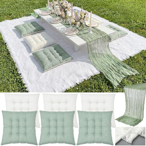 Extra Large Outdoor Picnic Blanket with Table Runner and Floor Pillow Cushion for Picnic Wedding Birthday Baby Shower Backyard(91 x 71'',Sage Green,White,6-Person) - color: Sage Green,white