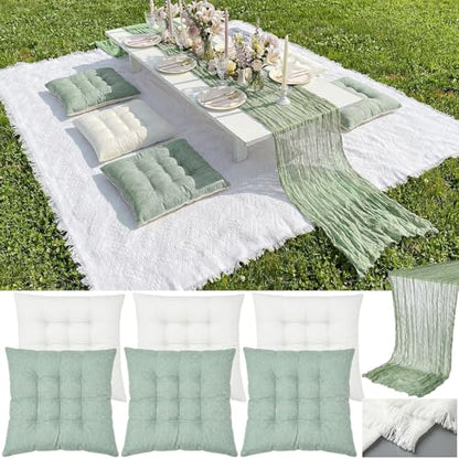 Extra Large Outdoor Picnic Blanket with Table Runner and Floor Pillow Cushion for Picnic Wedding Birthday Baby Shower Backyard(91 x 71'',Sage Green,White,6-Person) - color: Sage Green,white