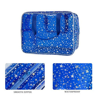 Dark Blue Clear Star Large Cosmetic Bag and Travel Pouch with Handle,Durable Material,Zipper Design-Ideal for Makeup,Travel Essentials (Dark Blue) - color: Dark Blue