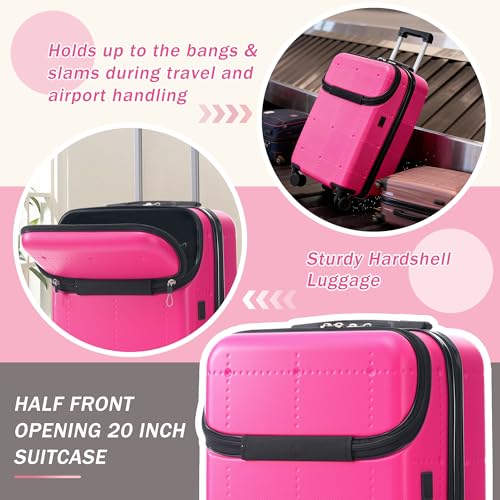 Merax Luggage Sets 5 Piece, Hardside 20" Half-opening Carry On Suitcase Set with USB Port,Lightweight Travel 24" 28" Luggage with Bags TSA Locks Double Spinner Wheels,Pink - color: Pink, size: 3 piece(20front open+24+28+bags)