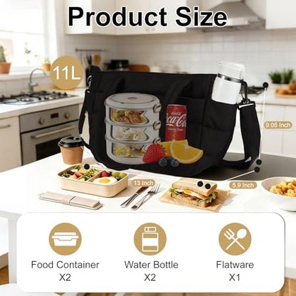 Lunch Bag Women Puffy Quilted Tote Bag Stylish Insulated Lunch Tote Bag with Large Capacity and Shoulder Strap Portable Lunch Cooler Bags for Women, Work Office, Travel, Picnic, Meal Prep - color: Black