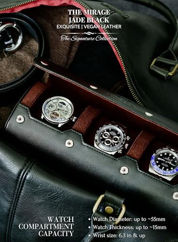 Watch Roll Case Organizer - Watch Travel Case for Men and Women - 3 Watch Carrying Case and Display - Jade Black with Mahogany Brown Interior Vegan Leather - color: Jade Black 3-watch case