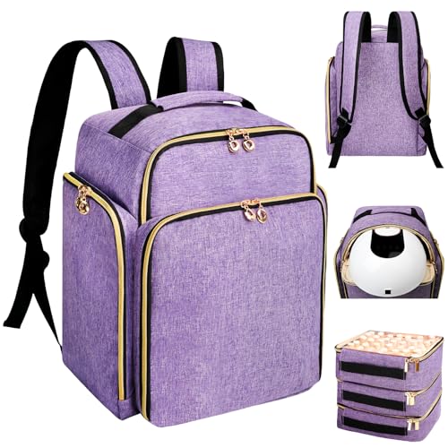Nail Polish Organizer Backpack Holds 126 Bottles& Nail Lamp, Extra Large Nail Kit Supplies Organizer Bag with 3 Removable Cases, Portable Nail Organizers and Storage for Travel (Noble Purple) - color: Classic Purple (Canvas)