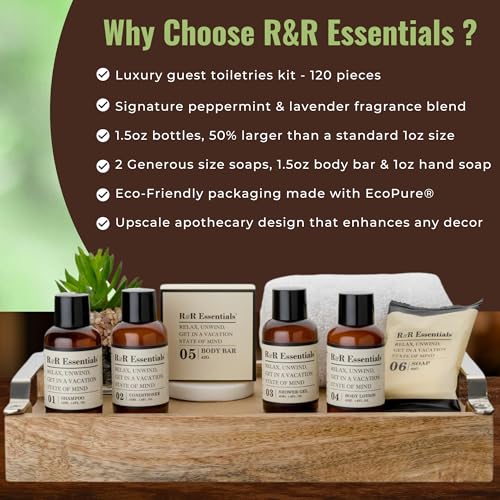 R&R Essentials Hotel Soaps and Toiletries Bundle, Vacation Home Amenities Kit - 1.5oz Shampoo, Conditioner, Shower Gel, Lotion And 2 Bar Soaps - Travel Size (120 pc) - style: Unboxed/Bulk