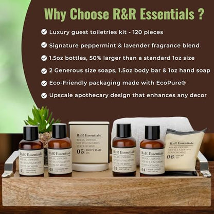 R&R Essentials Hotel Soaps and Toiletries Bundle, Vacation Home Amenities Kit - 1.5oz Shampoo, Conditioner, Shower Gel, Lotion And 2 Bar Soaps - Travel Size (120 pc) - style: Unboxed/Bulk