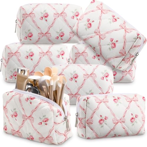 Paterr 6 Pcs Quilted Makeup Bag Bulk Floral Bow Cotton Cosmetic Bag Women Girls Gifts for Bridesmaids Wedding Birthday Coquette Aesthetic Cottagecore Travel Toiletry Pouch(Bowknot Rose,Pink) - color: Pink, style: Bowknot Rose