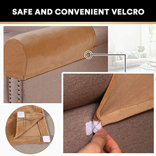 PrinceDeco 2 Pack Thick Velvet Stretch Armrest Covers for Chairs & Sofas - Non Slip, Camel - color: Camel