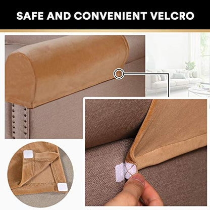 PrinceDeco 2 Pack Thick Velvet Stretch Armrest Covers for Chairs & Sofas - Non Slip, Camel - color: Camel