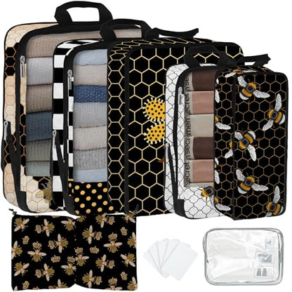 7 Pcs Compression Packing Cubes for Travel, Waterproof Suitcase Luggage Backpack Organizer with Toiletry Bag Travel Essentials for Women/Men-Bees - color: Black-Bees
