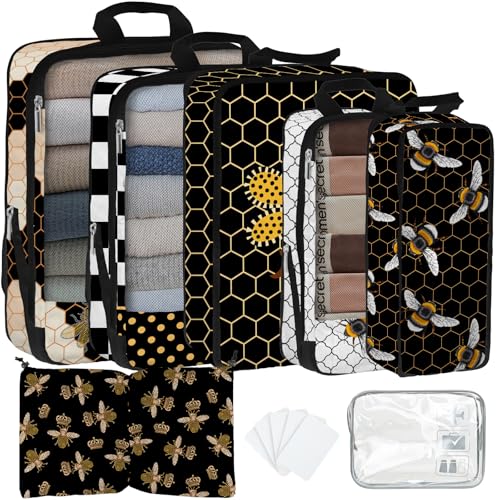 7 Pcs Compression Packing Cubes for Travel, Waterproof Suitcase Luggage Backpack Organizer with Toiletry Bag Travel Essentials for Women/Men-Bees - color: Black-Bees