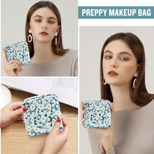 Nylon Mini Floral Makeup Bag for Purse, Small Cute Travel Makeup Bag Preppy Flower Cosmetic Zipper Pouch, Waterproof Coin Pouch Sanitary Napkin Storage Bag Make Up Organizer Set for Women(Green-Daisy) - color: Green-Daisy, size: Mini