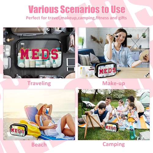 BuyCard Clear Meds Chenille Letter Nylon Makeup Bag - Portable Preppy Patch Cosmetic Toiletry Travel Storage Medicine Bag With Zipper for Women Girls Black - color: MEDS-Black, style: 1 Pcs-clear