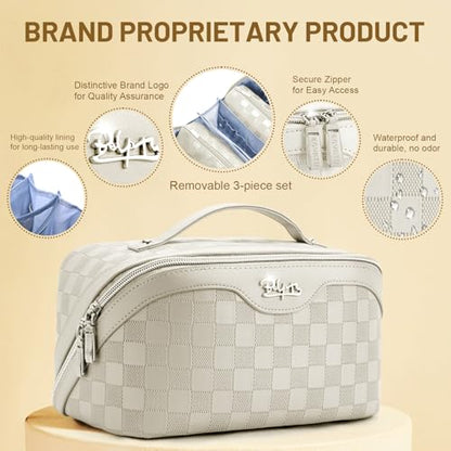 BOYATU Travel Makeup Bag Organizer: 3 Pcs Set Large Capacity Cosmetic Bags Holds 10–20 100ml Full-Size Bottles - 180°Open-Flat Make up Case 3-sec touch-up - Toiletry Bag Gift women (01-D-Beige) - color: 01-E-Beige