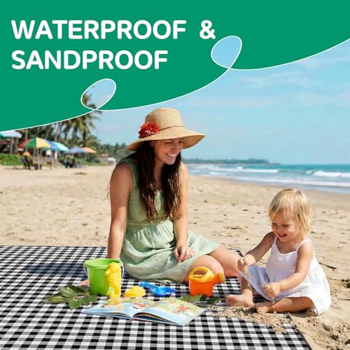 Waterproof Beach Blanket Picnic Camping Mat Rug Extra Large Portable Umbrella Wagon Folding Pop Tent Sun Shelter Shade Canopy Ball Cart Anchor Fan Mesh Rubber Bag Tote Toallas Manta de Playa - color: Plaid Black