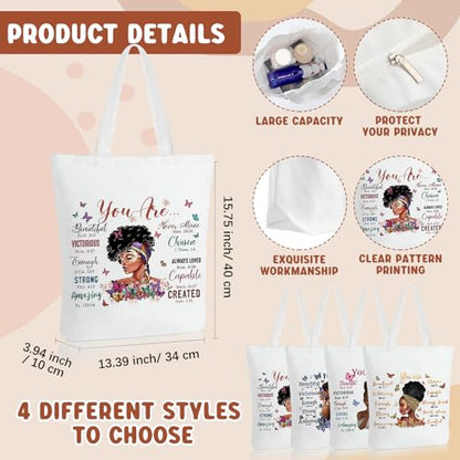 Roowest 8 Pcs Juneteenth African American Gifts for Women Bulk Inspirational 4 Tote Bags 4 Makeup Bags Zipper Work Travel(Stylish Style) - style: Stylish Style