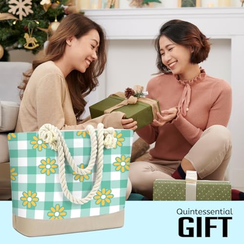 Fokongna Tote Bag For Women, Beach Bag Best Friend Travel Birthday Gifts, Travel Parties Vacation Shopping Essentials - color: Daisy Green Gingham