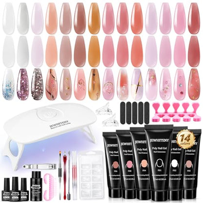 JEWHITENY 14 PCS Poly Nail Gel Kit Poly Extension Gel Kit Starter Kit With Slip Solution Professional Extension Set With LED Lamp Nail Art Design Beginner All In One - color: A01