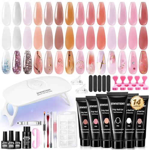 JEWHITENY 14 PCS Poly Nail Gel Kit Poly Extension Gel Kit Starter Kit With Slip Solution Professional Extension Set With LED Lamp Nail Art Design Beginner All In One - color: A01
