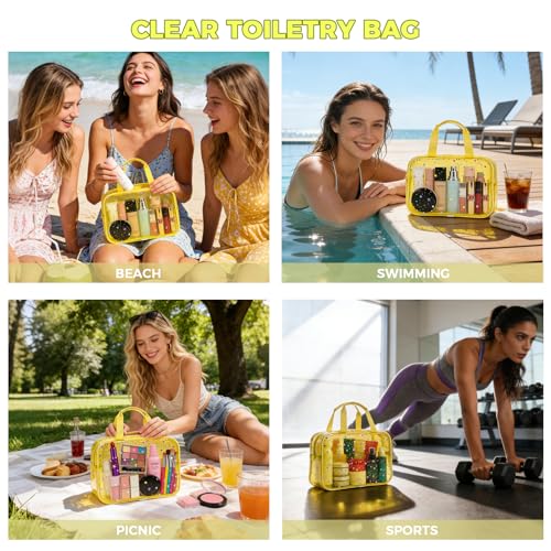Clear Yellow Star Large Makeup Bag with Star Pattern 12x5x8 inch, Travel Cosmetic Bag with Handle, Durable PVC Material Washbag Zipper Opening Design for Makeup Travel Organizer or Gym Use - color: Yellow, style: Star