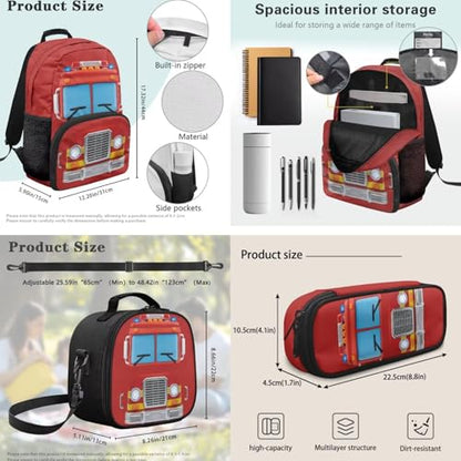 Lightweight 3pcs Backpack Sets with Reusable Insulated Lunch Bag Pencil Case,Fire Truck Schoolbag Sets for Boys Elementary Bookbags - color: Fire Truck -1