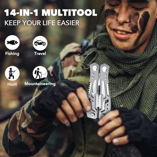 14-In-1 Multitool Pliers，Premium Portable Multi Tool ，with Safety Locking Professional Stainless Steel Multitool Pliers Pocket Knife,Apply to Survival, Camping,