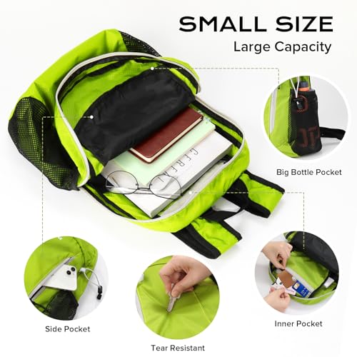 VPBAGE 15L Water-resistant Hiking Daypack, Small Backpack Travel Outdoor, Lightweight Day Pack with Tool Loops - color: Fluorescent Green