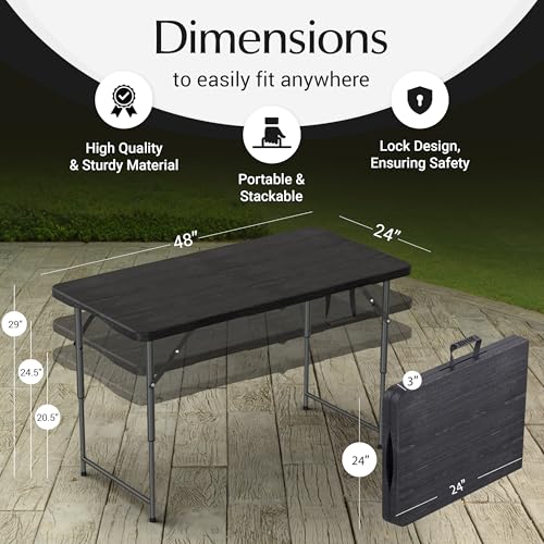 4 Feet Foldable Table Adjustable Height with Built in Handle, Steel Legs | 4FT Heavy Duty Portable | Perfect for Party Dining Wedding Events Picnic Indoor Outdoor Camping Utility Folding - 4 Foot - color: Black, size: 4 FT
