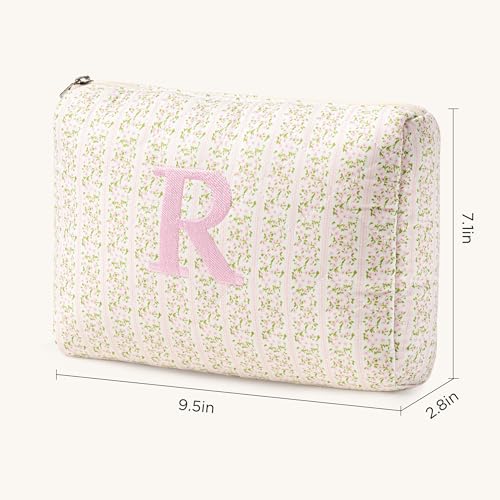 HBselect Initial Quilted Makeup Bag, Pink Cosmetic Travel Toiletry Bag, Flowers Coquette Zipper Make Up Pouch Organizer Teen Girl Gift Trendy Stuff R - color: 1Pc Medium Pinkflower, style: R