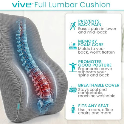 Vive Full Lumbar Pillow - Memory Foam Contour Support Cushion for Lower Back Pain - color: Gray