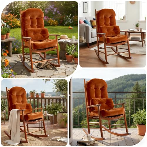 Rocking Chair Cushion Indoor Large Chair Pads Set with Ties Extra Lumbar Pillow Premium Dutch Velvet High Resilience Filler Non-Slip Bottom, Orange
