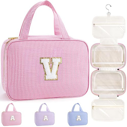TOPEAST Travel Toiletry Bag for Women - Hanging Toiletry Bag Makeup Bag, Portable Toiletries Cosmetic Bag, Airplane Travel Essentials - Letter V, Pink - color: Pink, style: V