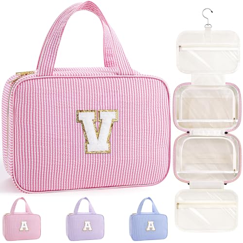 TOPEAST Travel Toiletry Bag for Women - Hanging Toiletry Bag Makeup Bag, Portable Toiletries Cosmetic Bag, Airplane Travel Essentials - Letter V, Pink - color: Pink, style: V
