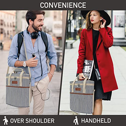 Opux 3-Bottle Wine Carrier Tote, Insulated Leakproof Cooler Bag, Portable Wine Bottle Tote for Picnic, BYOB, Beach - Stripe - color: Navy Stripes