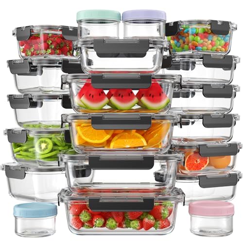 KEMETHY 40 PCS Glass Food Storage Containers with Lids(20 Container & 20 Lid), Borosilicate Glass Meal Prep Containers for Kitchen Storage and Organization, BPA-Free, Leak Proof, Reusable
