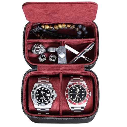 ROTHWELL 2 Watch Travel Case Storage Organizer for 2 Watches | Tough Portable Protection w/Zipper Fits All Wristwatches & Smart Watches Up to 50mm (Black/Red) - color: Black/Red - w/ Accessory Lid